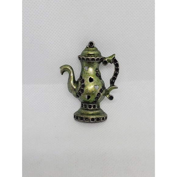 Rare Green Tea Kettle Lapel Pin Heart Embossed Hat Brooch - Picture 2 of 10